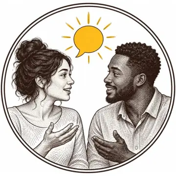 BotOfMouth emblem: two people talking, with a saffron speech bubble between them like a small sun
