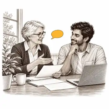 Engraved vignette: an accountant explaining papers to a freelancer