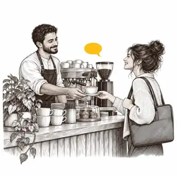 Engraved vignette: a barista handing a cup to a customer