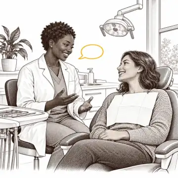 Engraved vignette: a dentist talking with a relaxed visitor