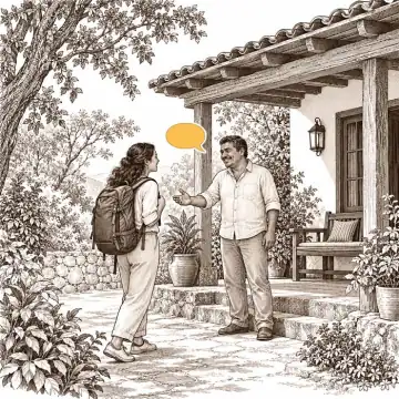 Engraved vignette: a host greeting a visitor on a guesthouse veranda